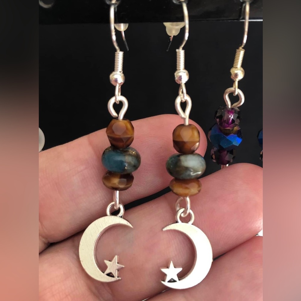 Handmade Artisan hanging blue & tigers eye beaded earrings with moon & star.